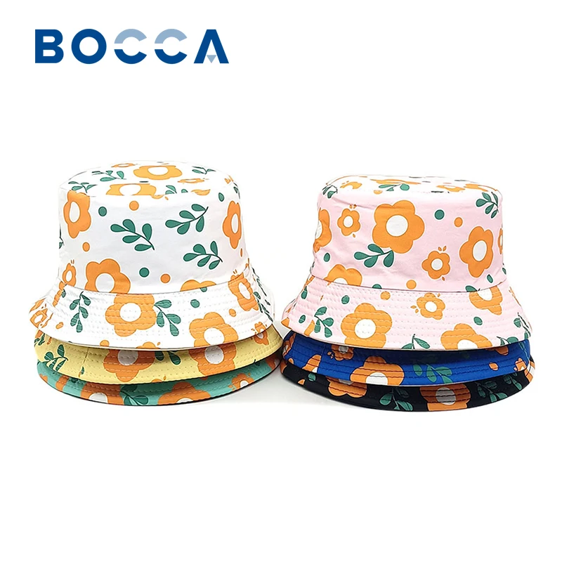 Bocca Children Bucket Hat Flower Print Fisherman Hats Girl Kids Panama Cap Cartoon Double Sides Child Caps Summer Sun Outdoor