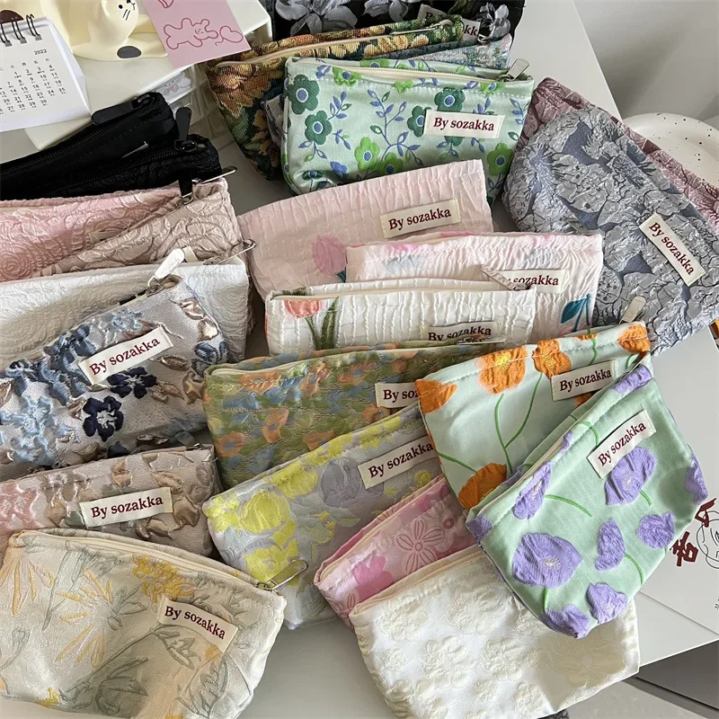 Retro Jacquard Flower Women\'s Cosmetic Bag Simple Portable Ladies Small Coin Purse Floral Handbags Student Girls Storage Bags