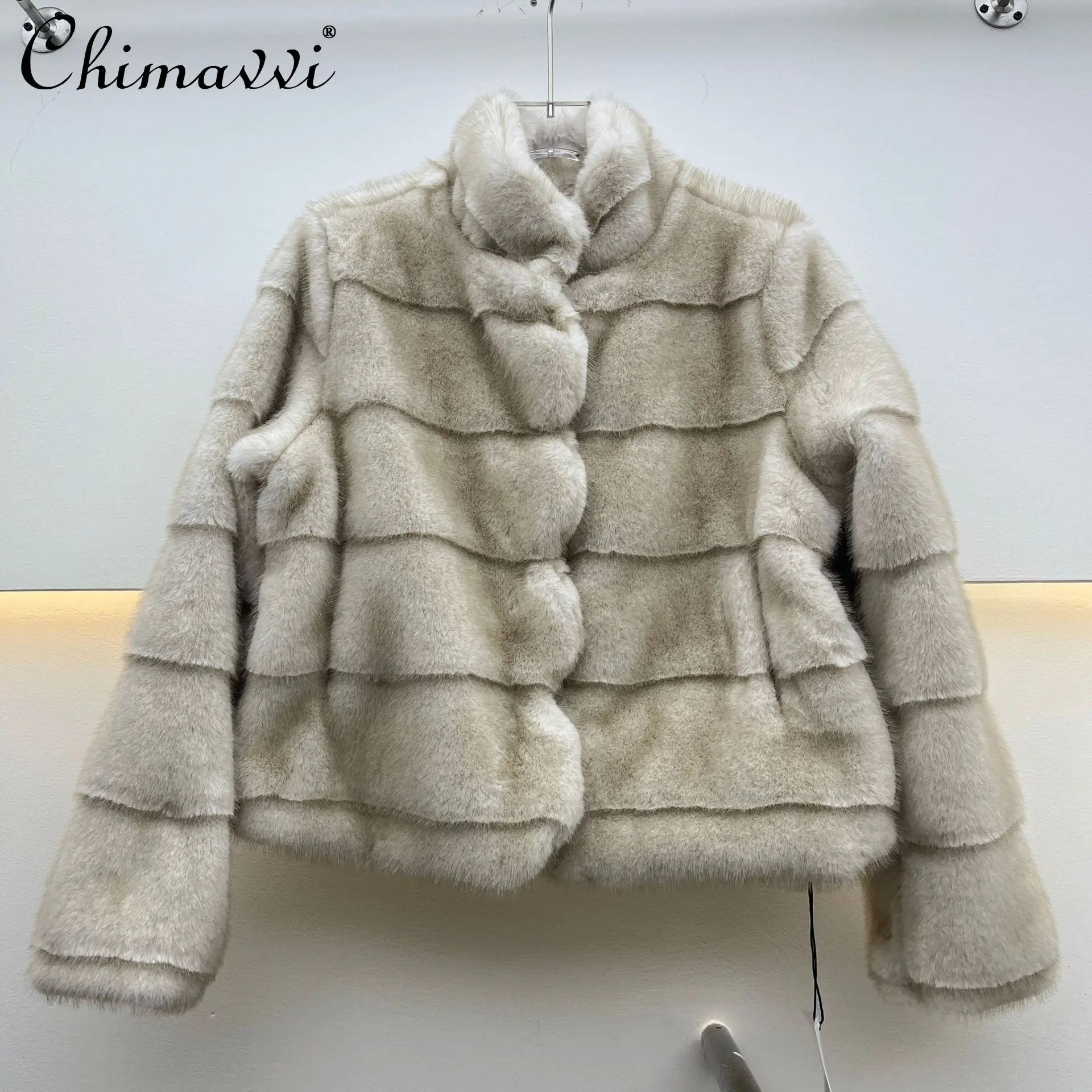 Korean Style Elegant Fashion Retro Stand Collar Long Sleeve Loose Versatile Casual Faux Fur Coats Women's Plush Short Jackets
