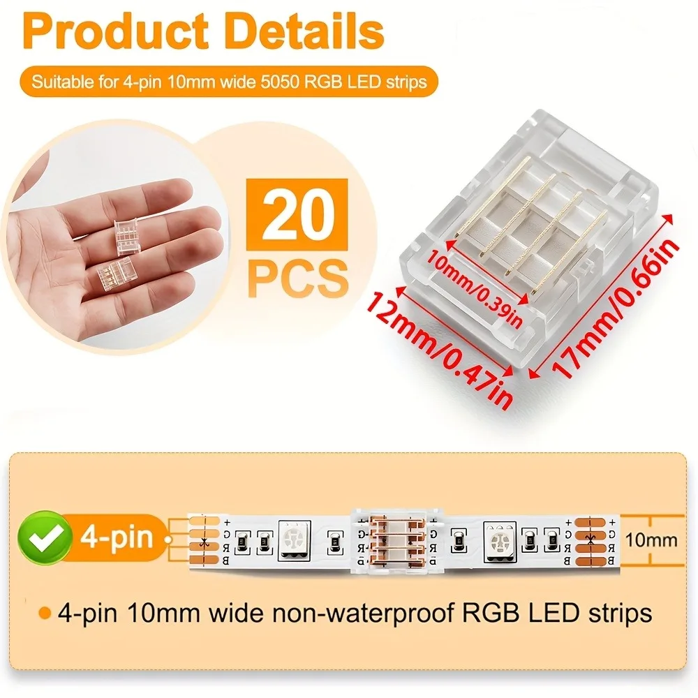 10/20pcs 4Pin LED Strip Connectors for 8/10mm Wide RGB LED Strips,No Soldering & Wiring, Easy Splice SMD 5050 Multi-Color Strips
