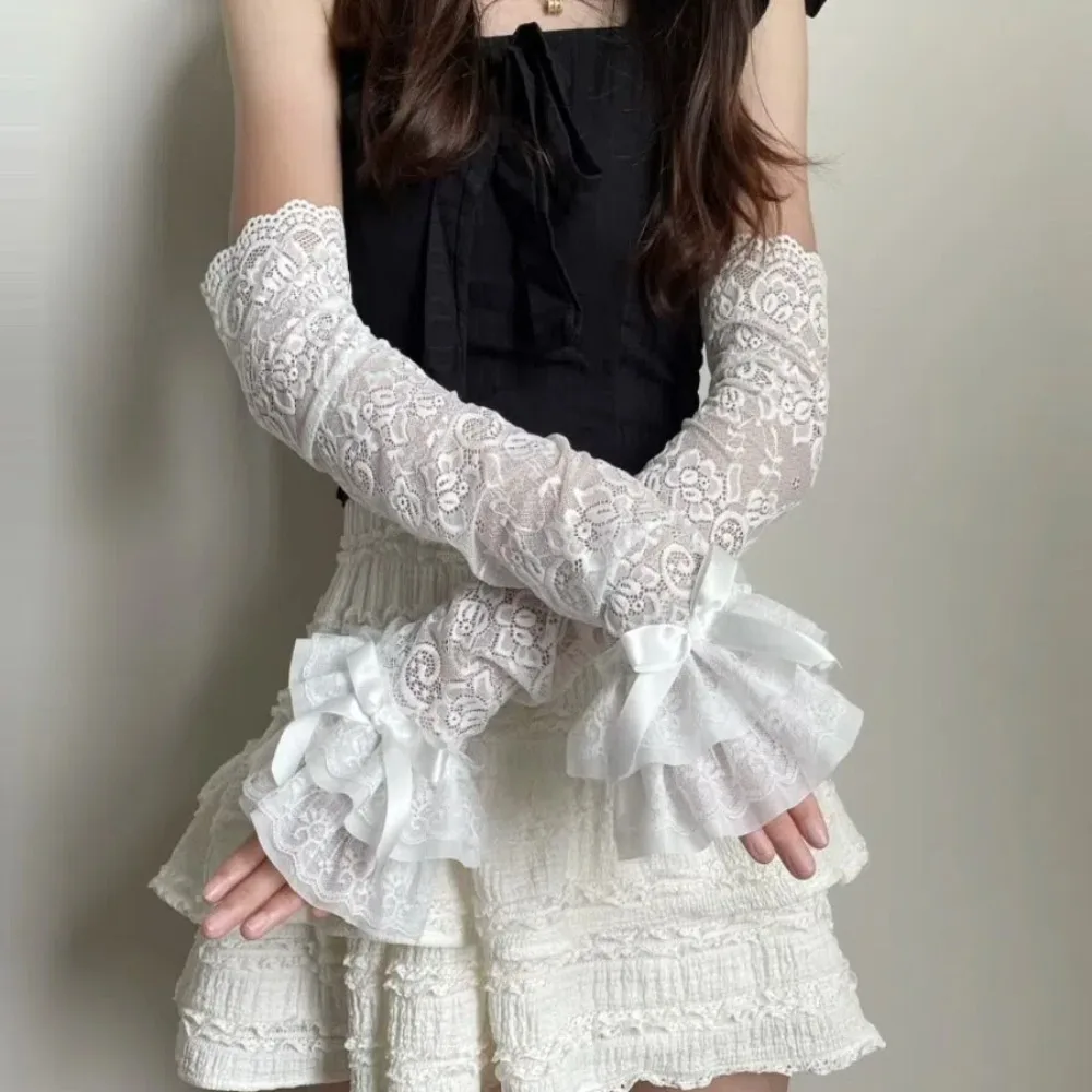 

Милые кружевные женские рукава с бантом Y2K, солнцезащитные свадебные перчатки на запястье, длинные перчатки с вырезами