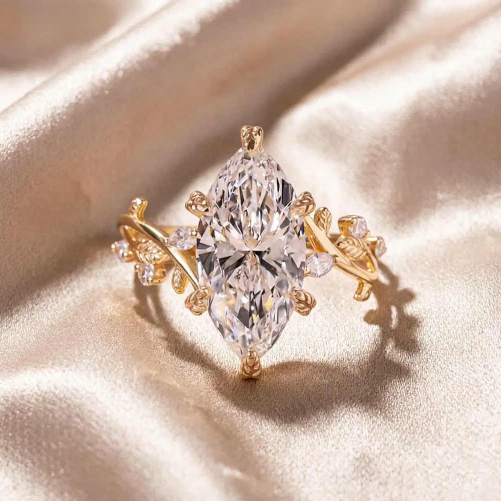 CxsJeremy 3ct Lab Grown Diamond Ring Marquise Cut 14K Gold Vine Leaf Engagement Wedding Rings for Women Luxury Bridal Jewelry