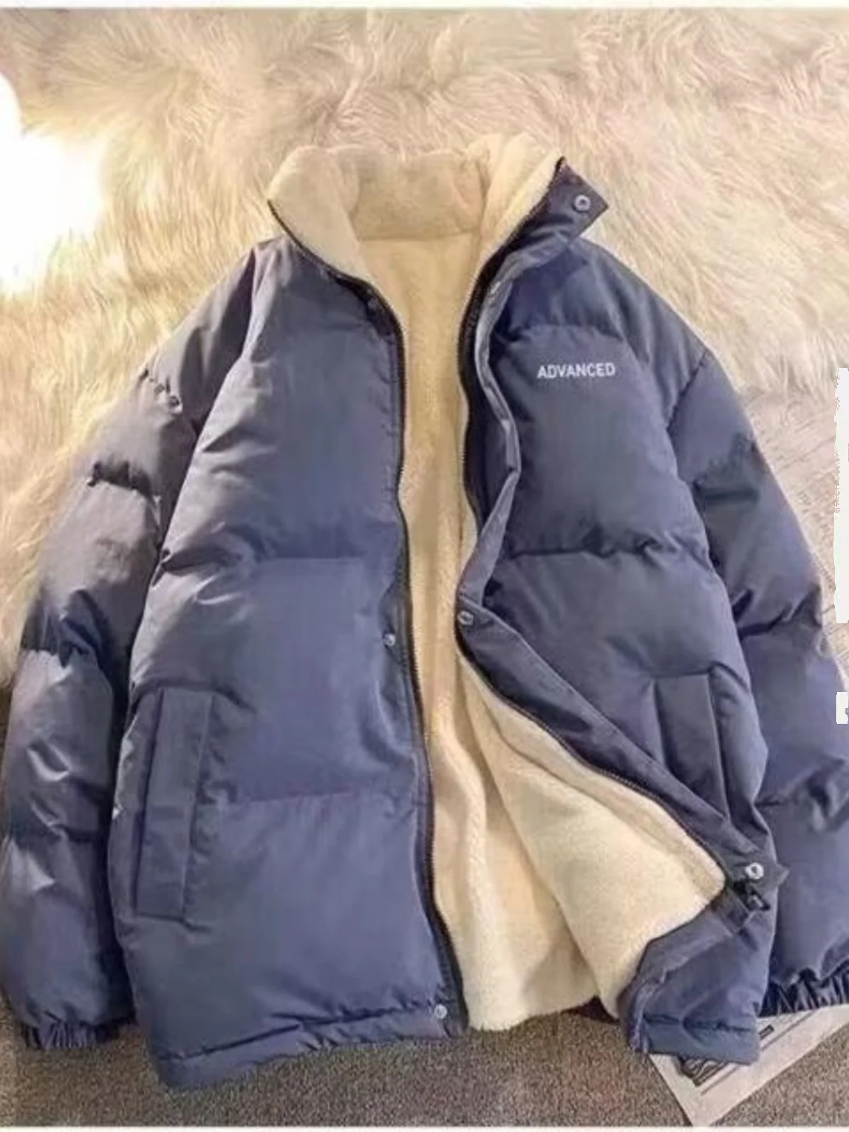 Men's Thickened Fleece Lined Lamb Velvet Cotton Jacket Winter Coat Warm Bread Style Casual Outerwear Trendy Brand Unisex