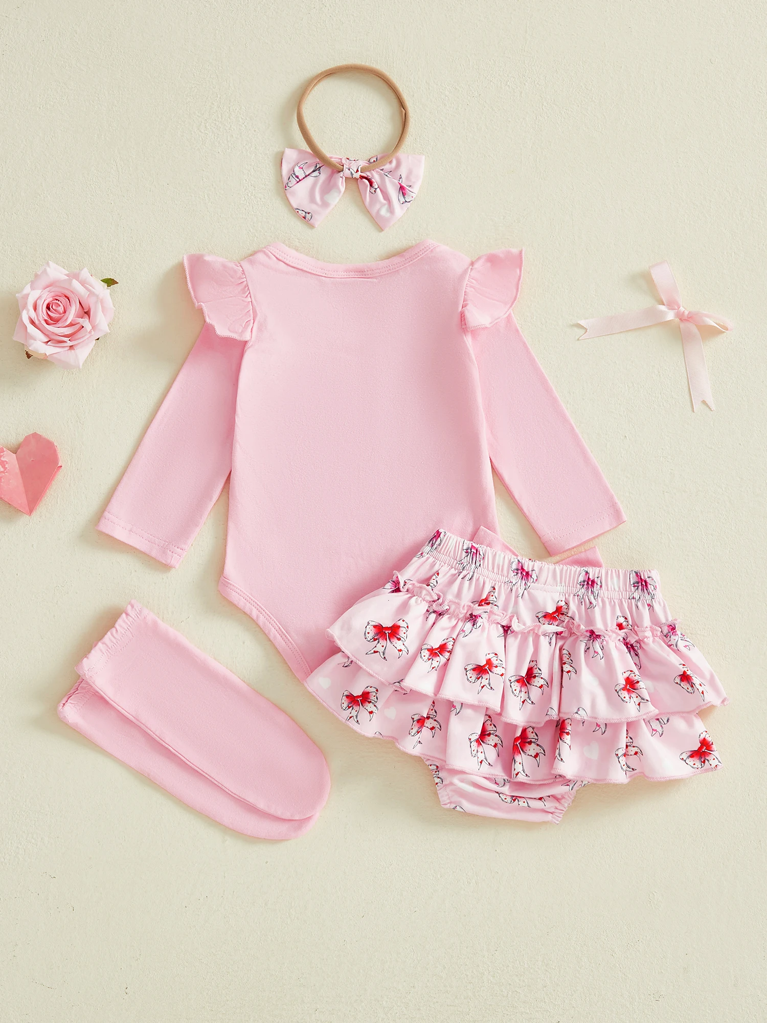 طفل رضيع ملابس عيد الحب الأول رسالة طويلة الأكمام جولة الرقبة رومبير القوس السراويل قبعة الجوارب الطويلة مجموعة