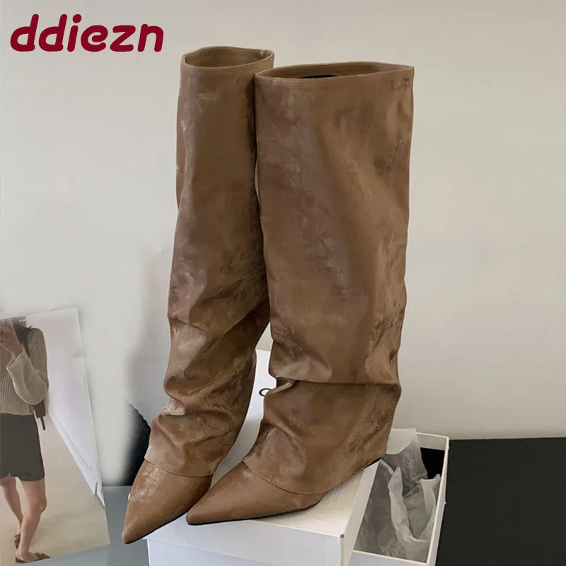 

2025 Новые модные женские сапоги до колена с острым носком и танкеткой. Женские современные женские длинные сапоги в стиле вестерн. Туфли-лодочки без шнуровки.