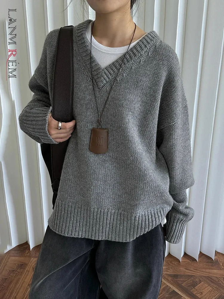 [LANMREM] Office Lady Knitting Pullover Sweater For Women V Neck Long Sleeve Casual Loose Tops Warm 2024 Winter New 26C568