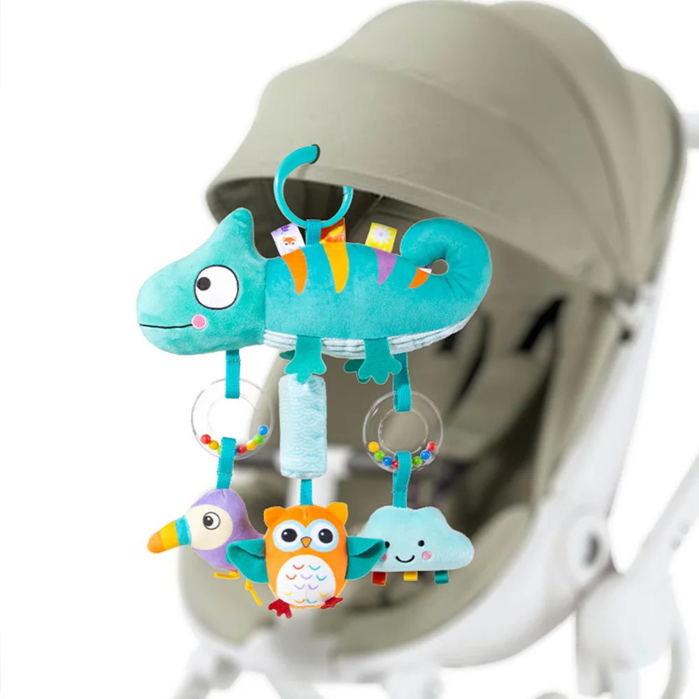 Chocalhos para carrinho de bebê, brinquedo de viagem, chocalhos de mão com design de desenho animado, brinquedo portátil com aderência macia para recém-nascidos, presentes