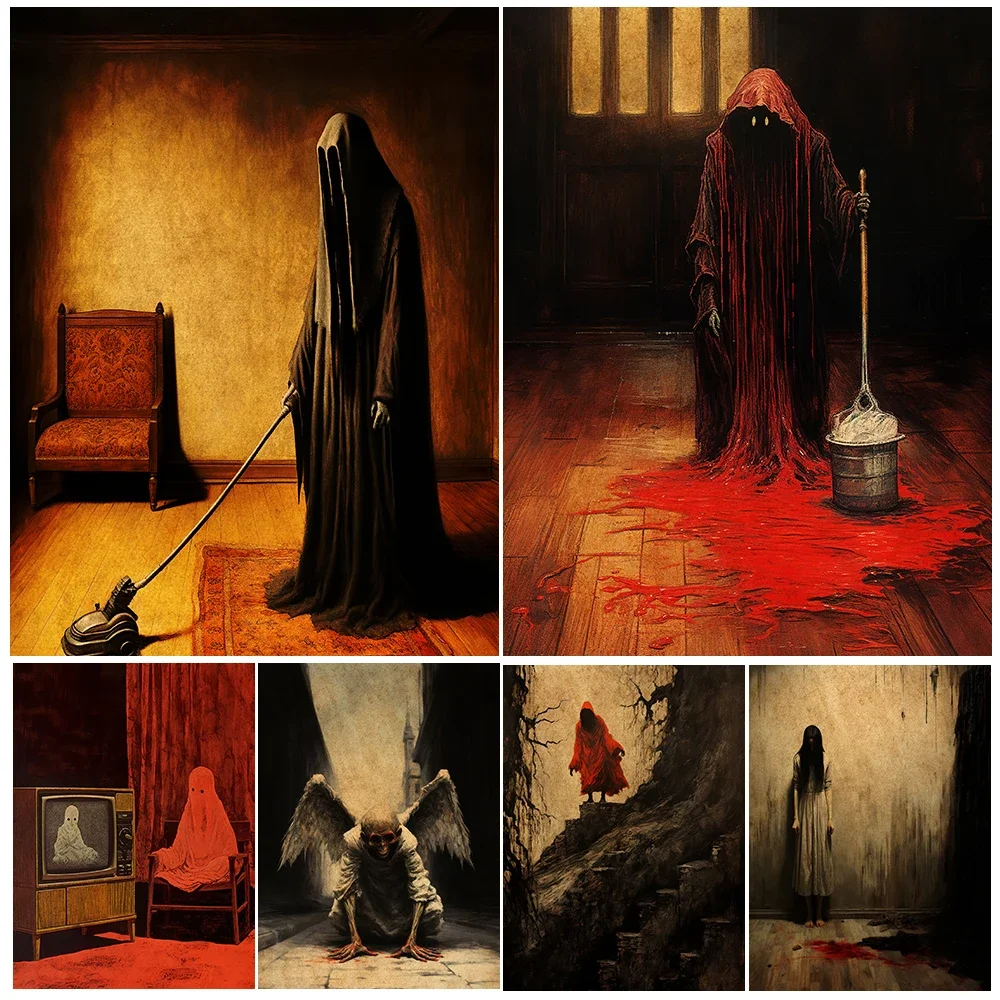 

Ghosts Cleaning Up & Skeletons Playing Computers Vintage Wall Art Print,The Daily Work Life Of The Devils In Hell Art Poster