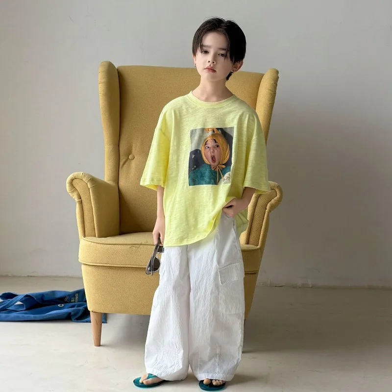 2026 Neues Kinder-T-Shirt mit lockerem Schnitt und mittellangen Ärmeln, dünnes Sommer-Baumwoll-Kurzarmshirt für Jungen, bedrucktes Trend-T-Shirt
