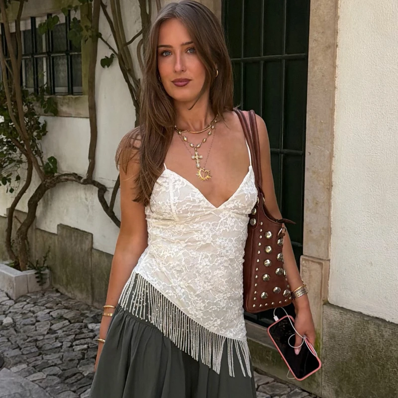Typhaland Sexy Lace Irregular Top Women's V-Neck Backless Tassel Solid Slim Cami Top 2026 Summer New Female Party Club Camisole