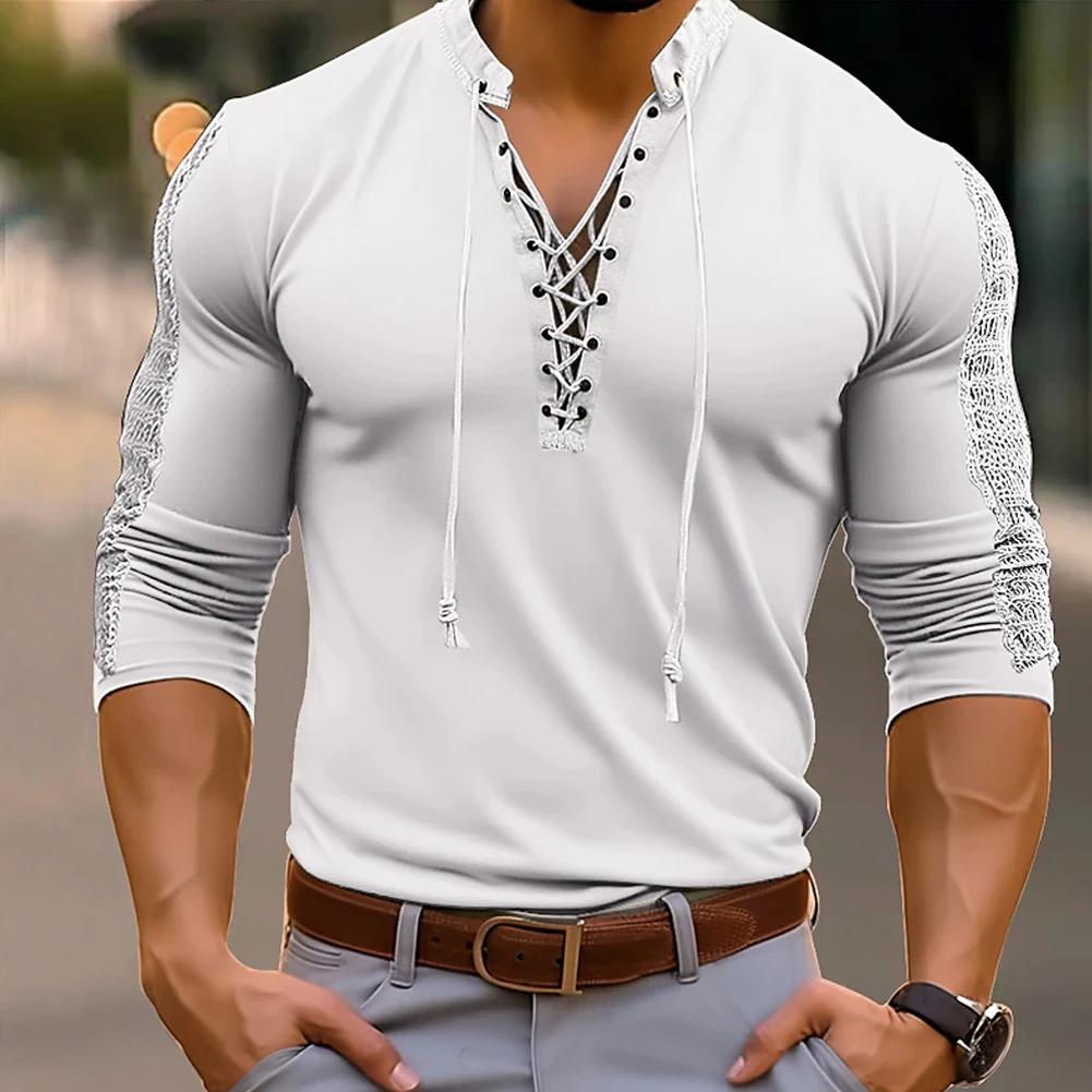 Fashionable Lace Up Pullover T Shirt  V Neck Muscle Tops Blouse  Khaki  Polyester  Mens Long Sleeve Activewear