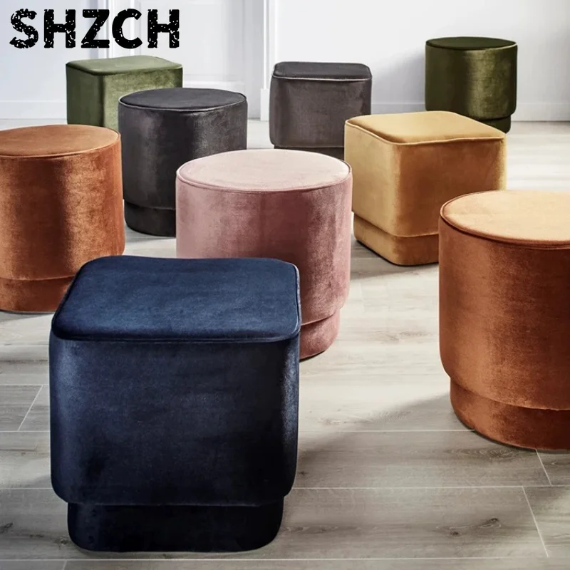 Nordic Fabric Shoe Changing Stool Minimalist Round Ottoman Soft Padded Foot Rest Stool European Style Living Room Sofa Footstool