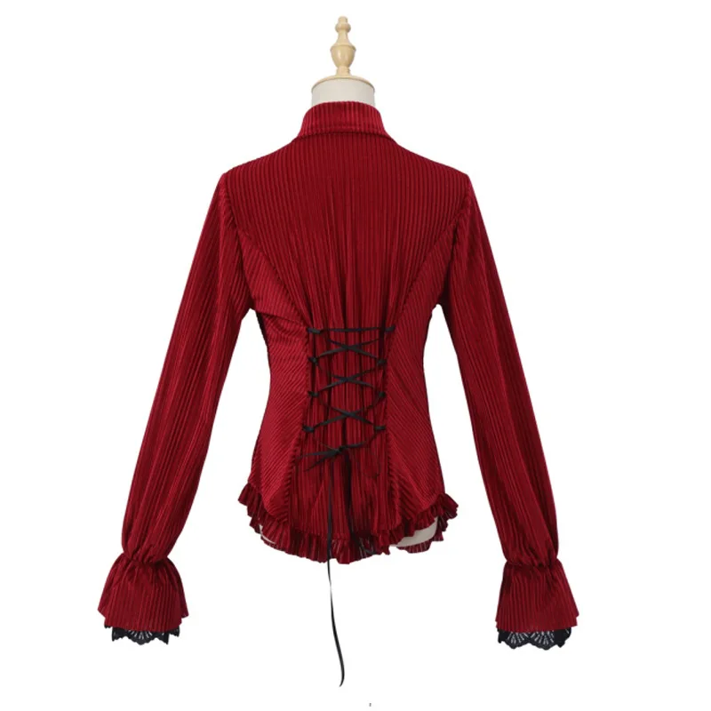 Womens Black Red Lace Ruffled Shirts Vintage Vampire Renaissance Victorian Steampunk Gothic Medieval Shirt Halloween Costume