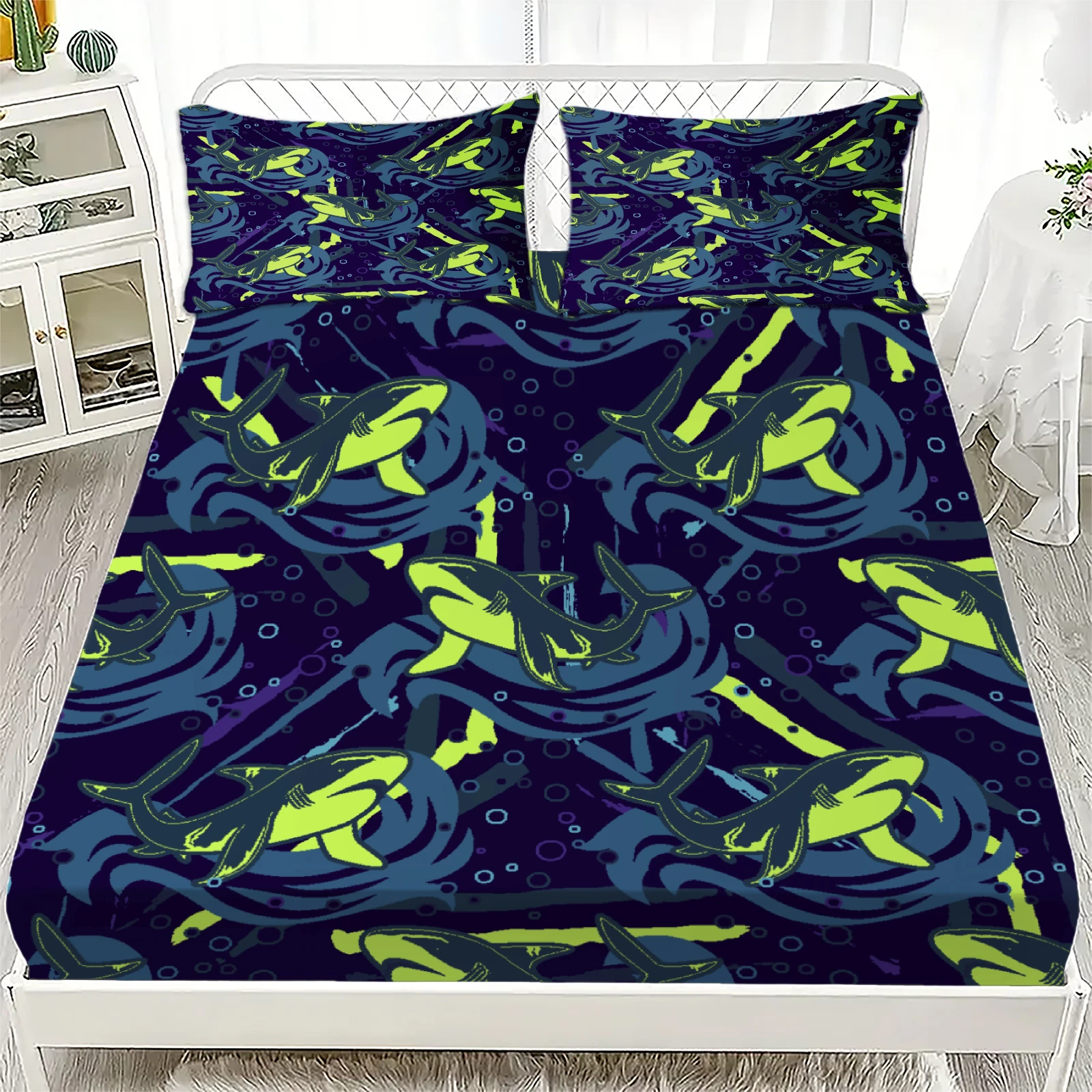 

3PCS Blue Green Fitted Sheet Set, Machine Washable with 2 Pillowcases, Shark Waves Ocean Print Cool Room Decor for Boys Teen