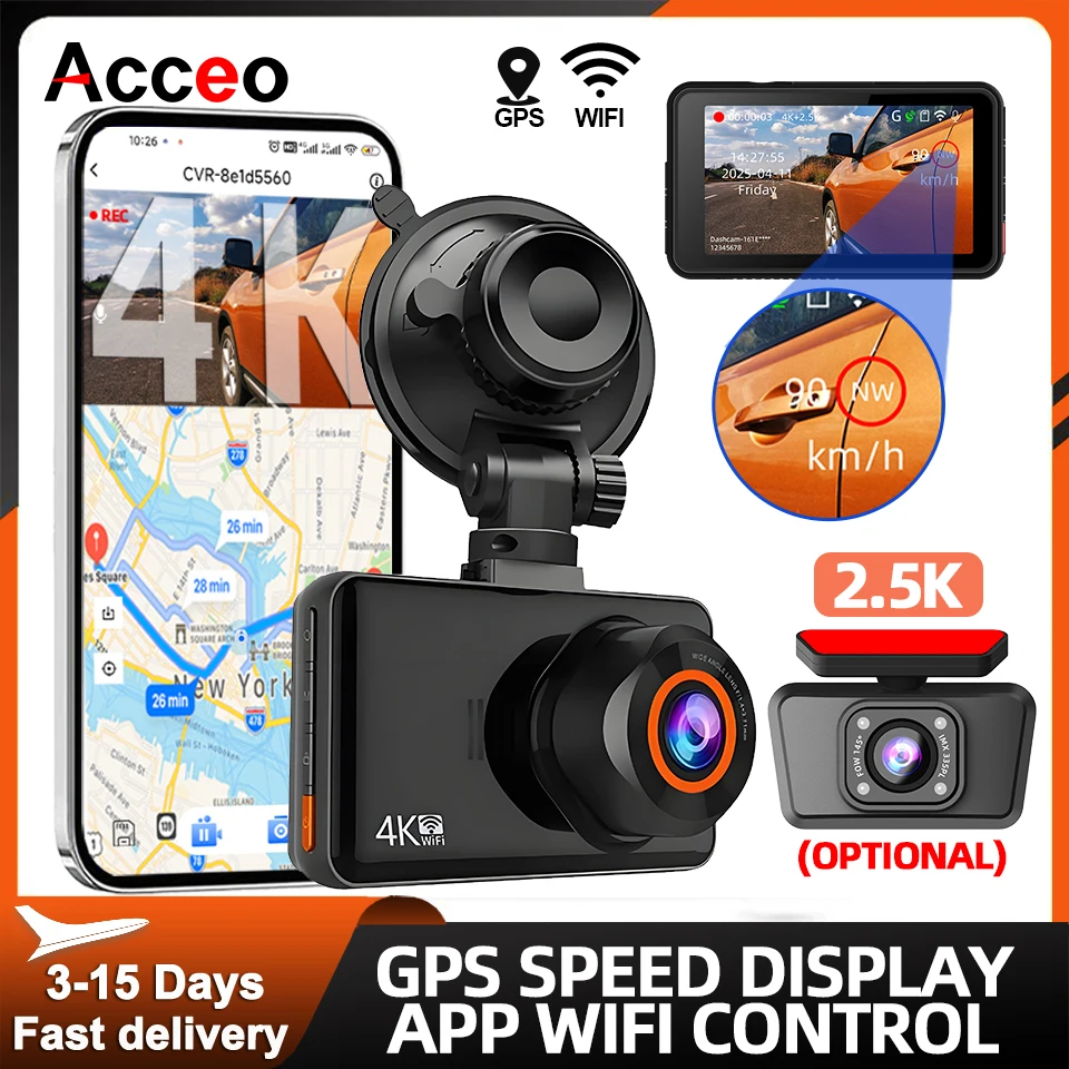 

ACCEO 4K Car Dashcam Speed Display Support 1440P Rear Camera Dual Channel WIFI GPS Night Vision 24h Parking Black Box Car Dvr