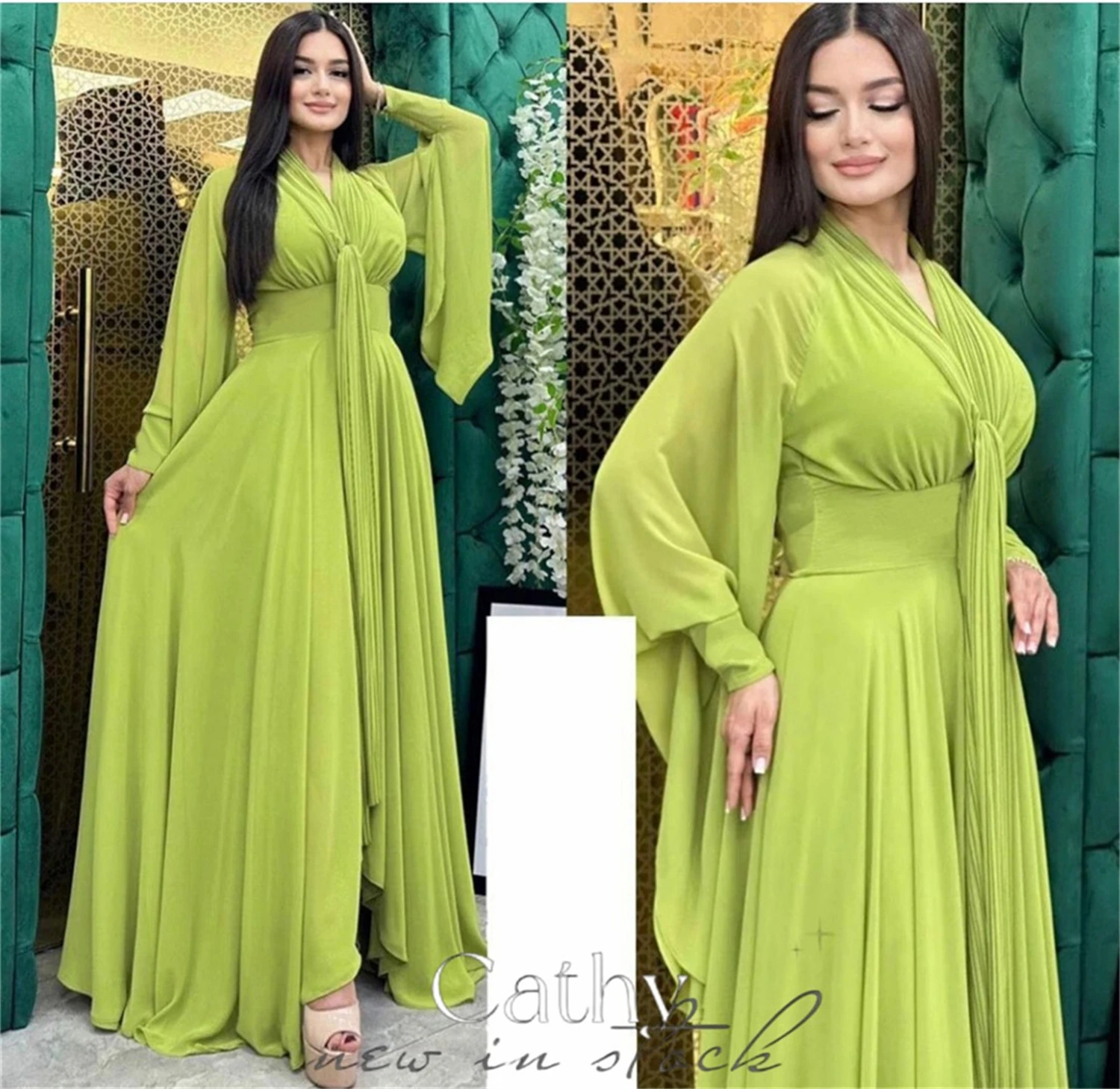 Vestido de Baile Modesto de Chiffon Aileen, Vestidos Verdes, Manga Trompete, Vestido Muçulmano, Modesto, 2023