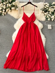 Women Red Dress Sexy Hollowed Out Backless V-neck Chiffon Dresses Ladies Summer Slim A-line Evening Party Long Dress Vestidos