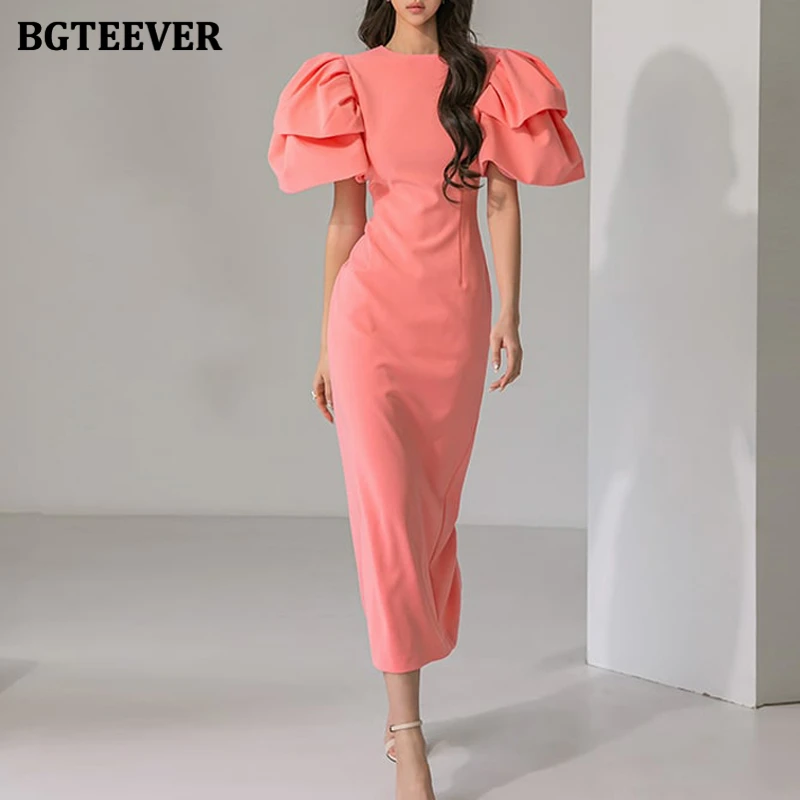 

BGTEEVER Elegant Spring Summer O-neck Slim Waist Female Skinny Package Hip Split Dress Stylish Pile Up Sleeve Women Pencil Dress