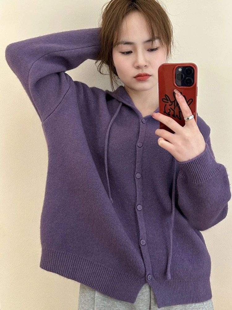 Purple Knitwear Woman Hooded Tops Korean Clothing High Quality Y2k Style Nice Color Fashion Button Hoodies Sweatshirt for Women