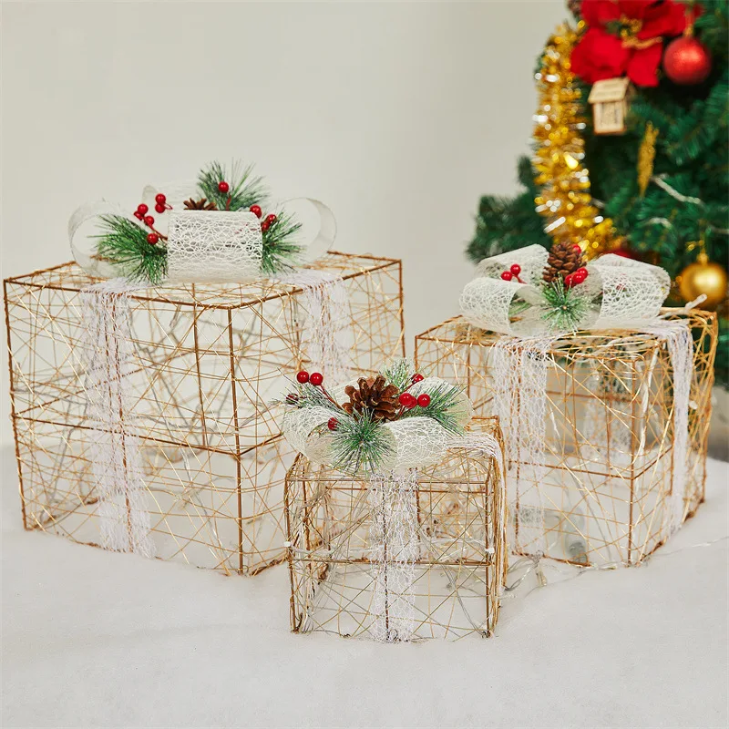

Рождественская подарочная коробка, намотка шелковой нити, рождественская подарочная коробка, набор из трех предметов, украшение на голову ворса, поставка украшения праздничной сцены