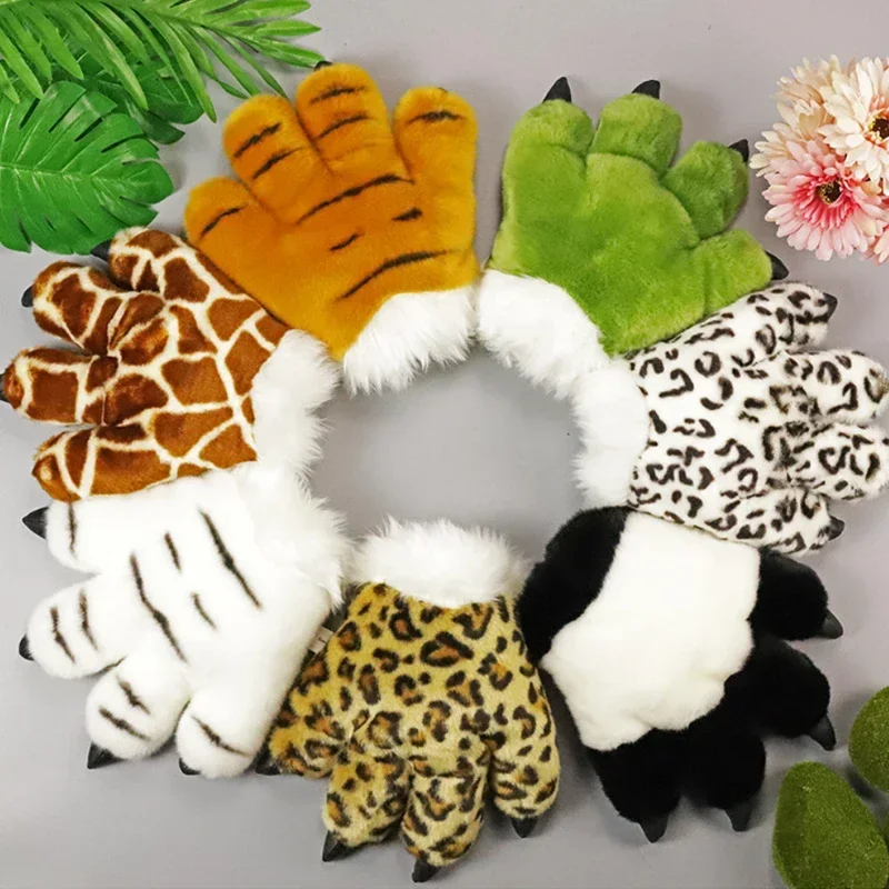 

Fluffy Simulation Tiger Leopard Panda Paw Plush Glove Padded Hand Warmer Animal Stuffed Toys for Halloween Cosplay Costume Glove
