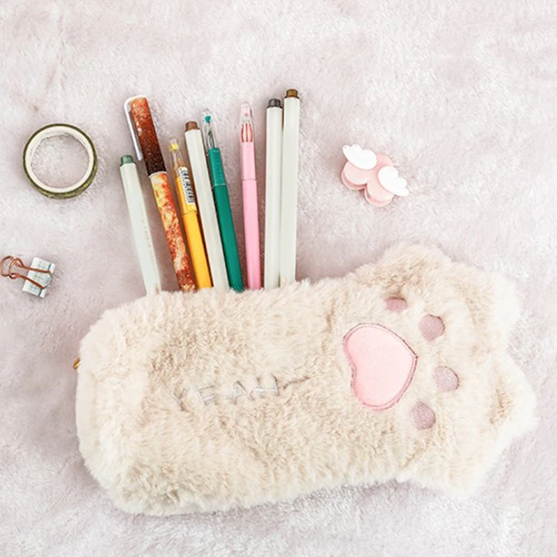 Kawaii Pencil Case For Girls Boys Large Capacity Plush Cat Paw Pencil Case Washable Pen Cosmetic Bag School Supplies Stationery