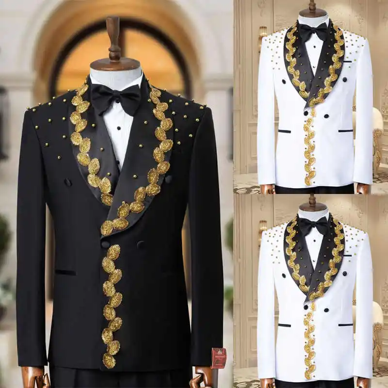 

Fashion Men Suits 2 Pieces Blazer Pants Beading Crystal Shawl Lapel Double Breasted Tailored Party Wedding Groom Customized