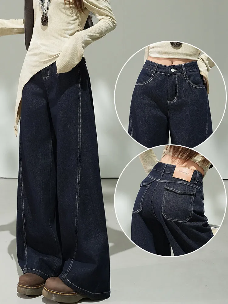 

Winter new versatile wide leg fleece jeans women 2025 new loose straight leg lazy style fashion commutr thick pants