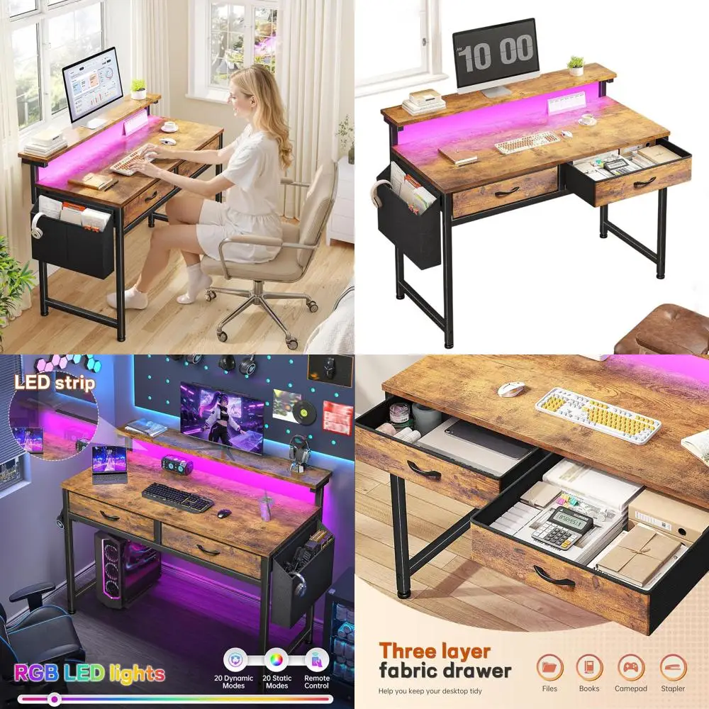 

LED-Illuminated 31.5 Dual-Desk, Home Office Computer Desk with Side Shelf, Ergonomic Monitor Stand, Anti-Tip, Rustic Brown