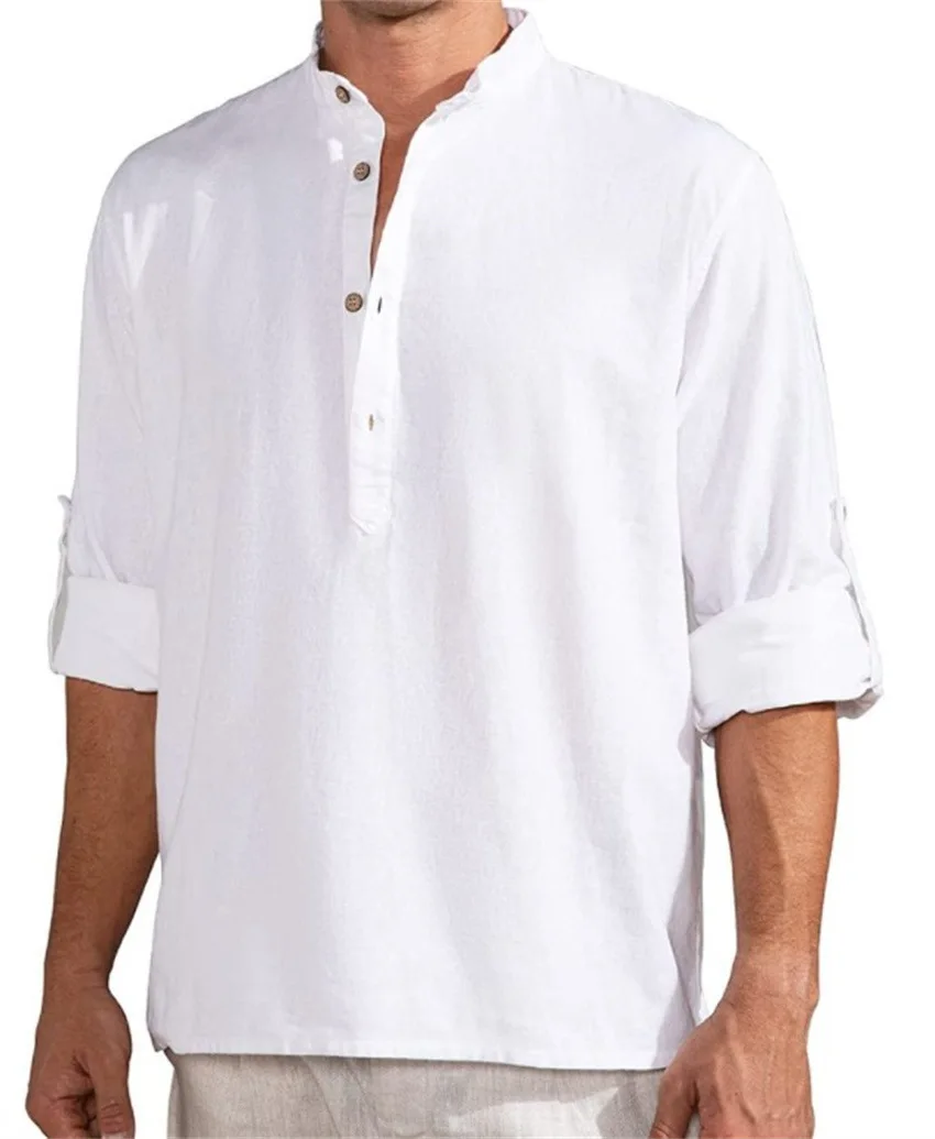 Men's Casual Stand Collar Loose Solid Cotton Linen Shirt Plus Size Roll-Up Sleeve Long Sleeve Shirts And Blouses