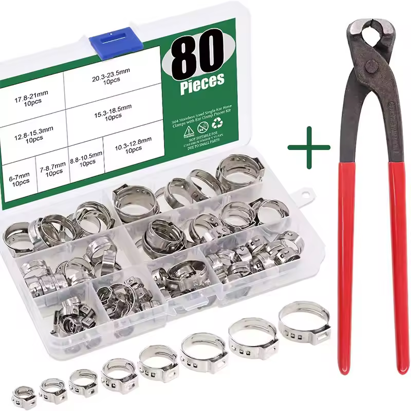 Aço inoxidável Braçadeiras de Mangueira, Orelha Stepless Worm Drive, Tubulação de Água Combustível, 1Pc Mangueira Clipe Grampo Alicate, 80Pcs