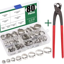 80Pcs Hose Clamps Stainless Steel Ear Stepless Worm Drive Fuel Water Pipe Clamps + 1PC Hose Clip Clamp Pliers