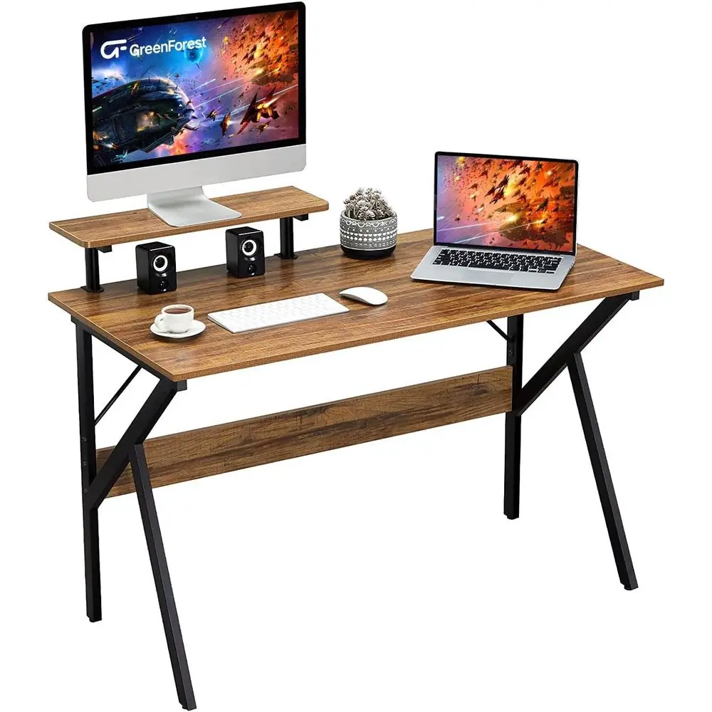 

Home Oice Desk with Monitor Shel Computer Gaming Desk 47 inch Writing Study Table or Workstation, Walnut
