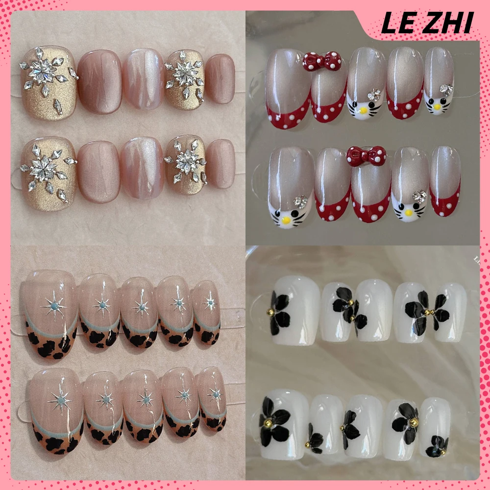 

10Pcs Kawaii Short Square Handmade Press On Fake Nails Shining Diamond Cat Eyes Flowers Pearl Wearable Nails Party Stickers