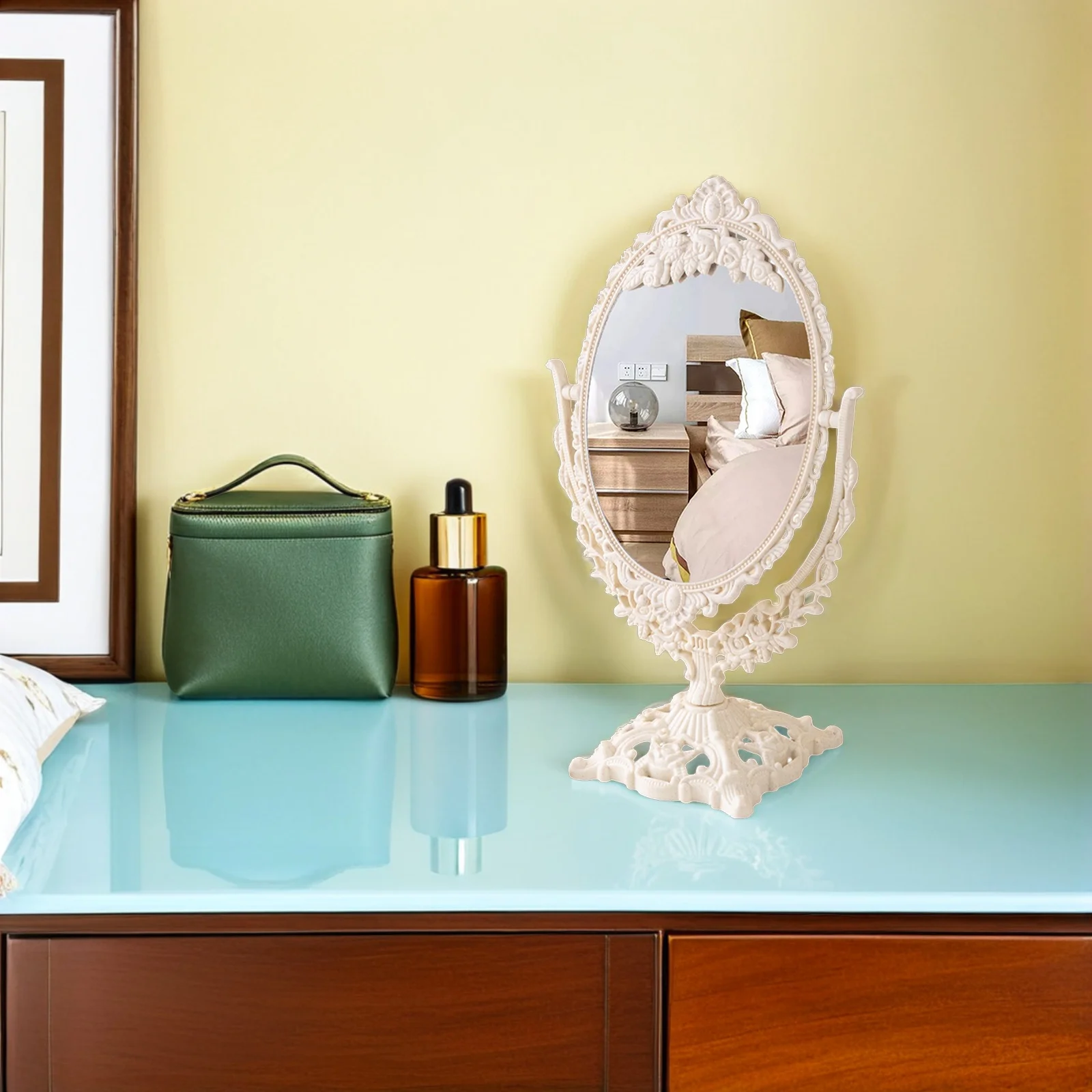 Bedroom Desk Mirror with High Definition Surface Stable Base Elegant Design for Makeup and Shaving Use Desk Mirror