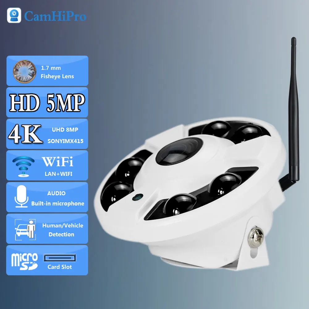 

4K 8MP Wireless/Wired Security IP Camera 1.7mm Fisheye Lens Surveillance Wifi Camera 5MP Motion Detection With Audio Record