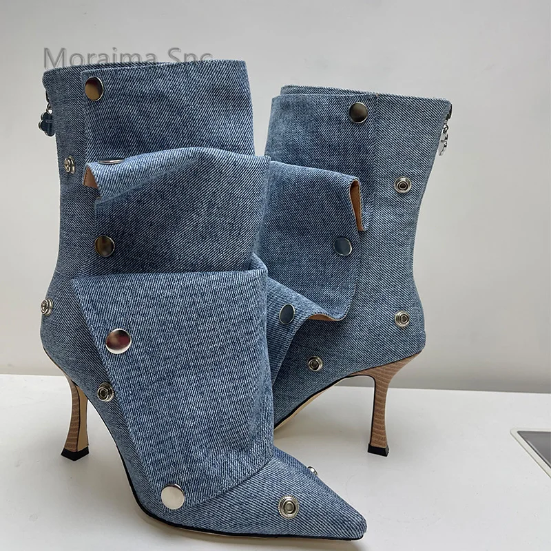 

Metal Rivet Pleated Boots for Women Pointed Toe High Heels Mid-Calf Boots Fashion Denim Camouflage Leather Back Zipper Shoes