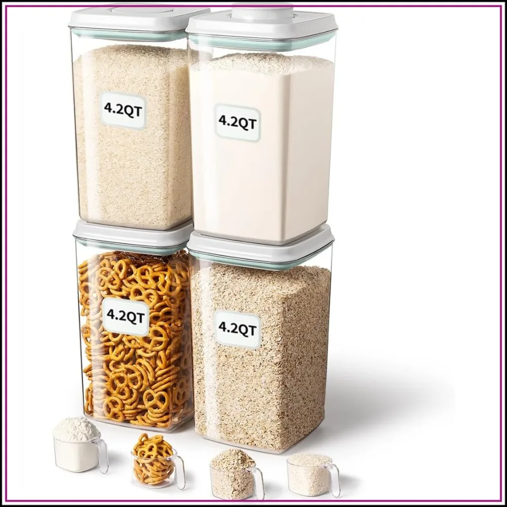 

Airtight Food Storage Container with Pop Lid & 130ml Scoop, 4L/4.2qt *4 BPA-Free Cereal, Rice, Flour, Pasta & Snack Container, Stackable & Durable, Kitchen Pantry Organizer
