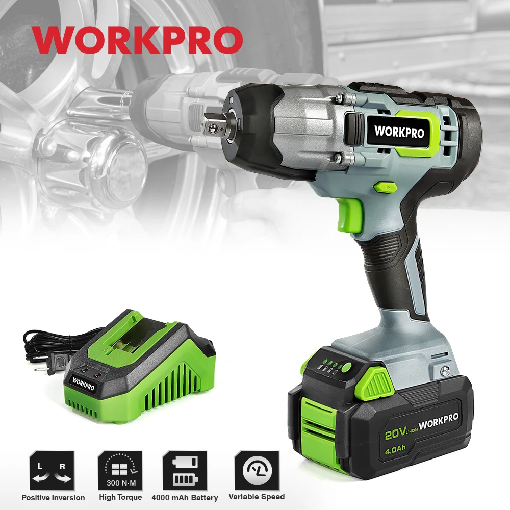 WORKPRO 20V 무선 전동 임팩트 렌치 300NM LED 빛이 있는 1/2인치 전동 렌치 급속충전 전동공구용 배터리