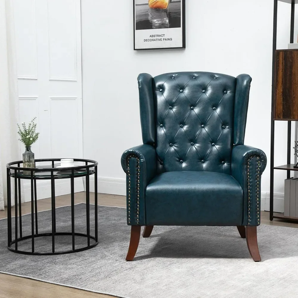 Modern PU Leather Accent Chair, Living Room Lounge Sofa Chair with Buttons, Single Club Armchair with Rivet Trim for Bedroom