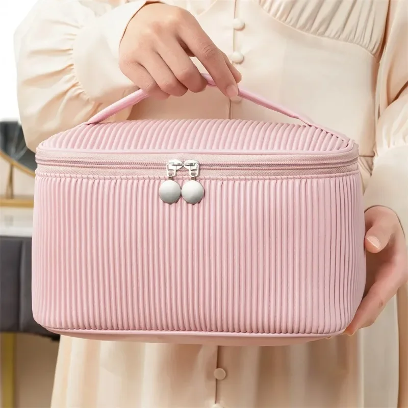 Cute Solid Color PU Leather Makeup Bag Portable Travel Toiletry Organizer for Women Cosmetic Neceser Case
