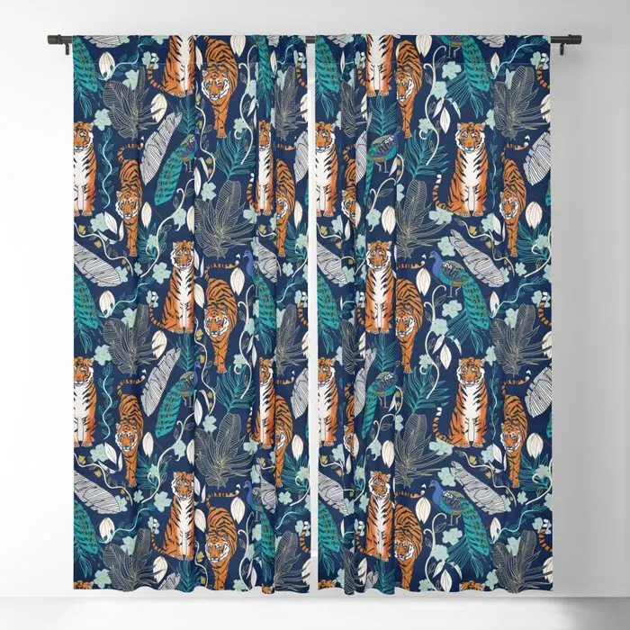 

Tiger Toile On Navy Blackout Curtains 3D Print Window Curtains For Bedroom Living Room Decor Window Treatments