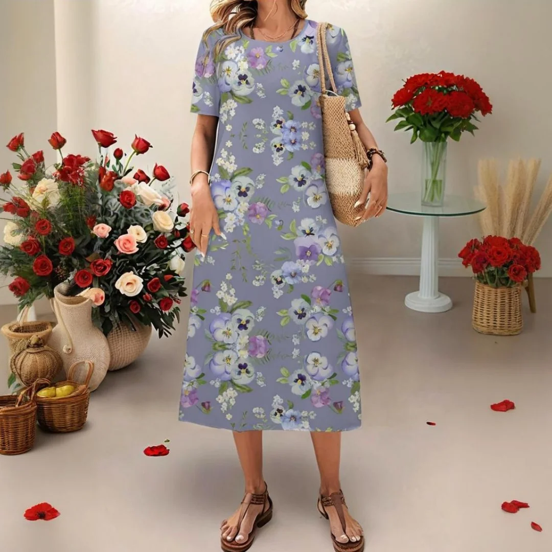 2025, neue Damenkleider, zerkleinerter Blumendruck, elegante ästhetische Midi-Kleider, Sommer, Übergröße, Damenbekleidung