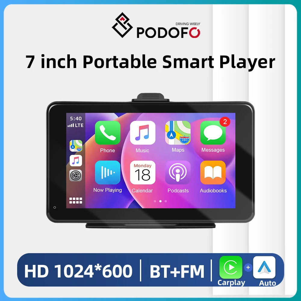 Podofo 7inch Screen MP5 Portable Smart Player Wireless Carplay Android AUTO Supports Android Auto Monitor With Voice Control