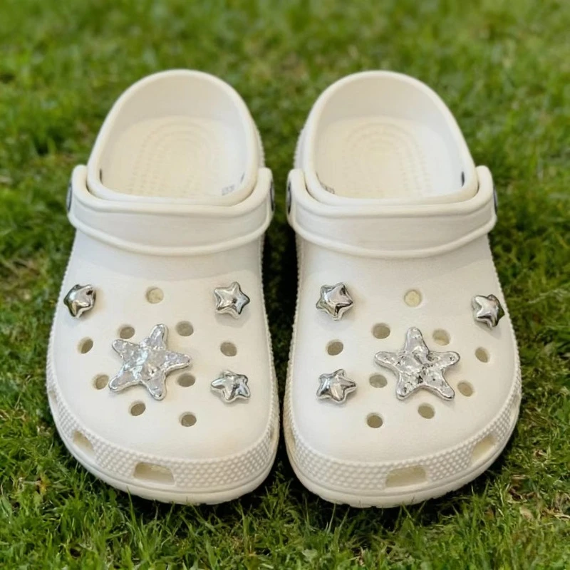 Electroplate Silver Star PVC Shoe Charms DIY Decor Accessories for Hole Clog Sandals Gift for Teen Girls Women Party Decor