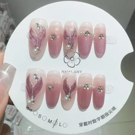 

10PCS Pink Blurred Medium Oval Press on Nails Shiny Cat Eye Silver Irregular Pattern French Handmade Fake Nail Simple False Nail
