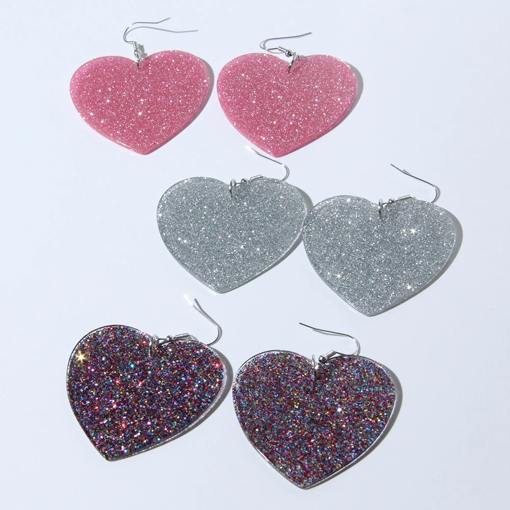 Fashion Glitter Pink Acrylic Big Heart Drop Earring for Women Girls Fashion Pink Love Dangle Earrings Valentine\'s Jewelry Gifts