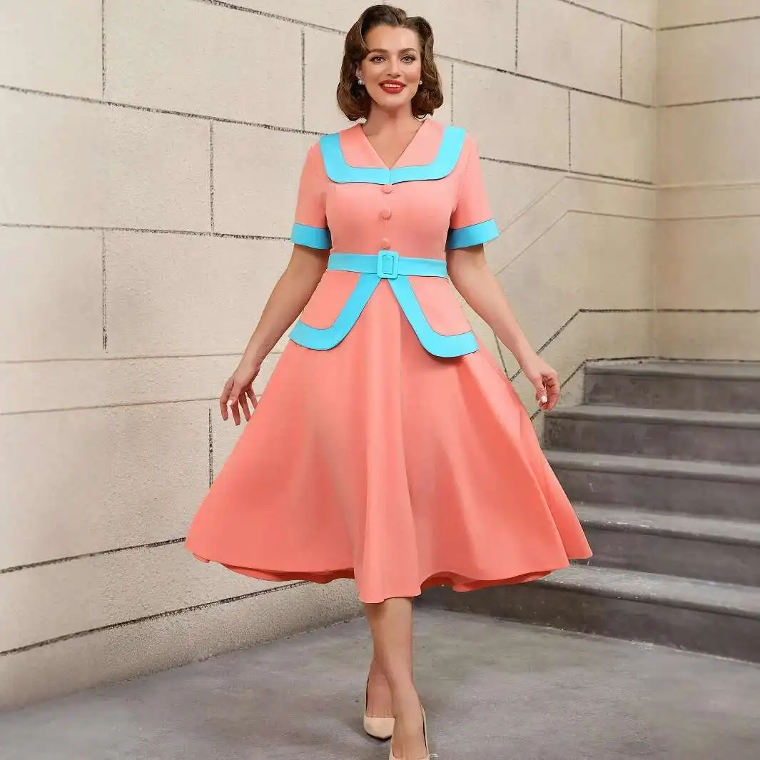 

Am050254high Waist Slimming Color Block A-line Dress Plus Size Gown for Banquet Reception Party Dress Dress Robe Vestido Women