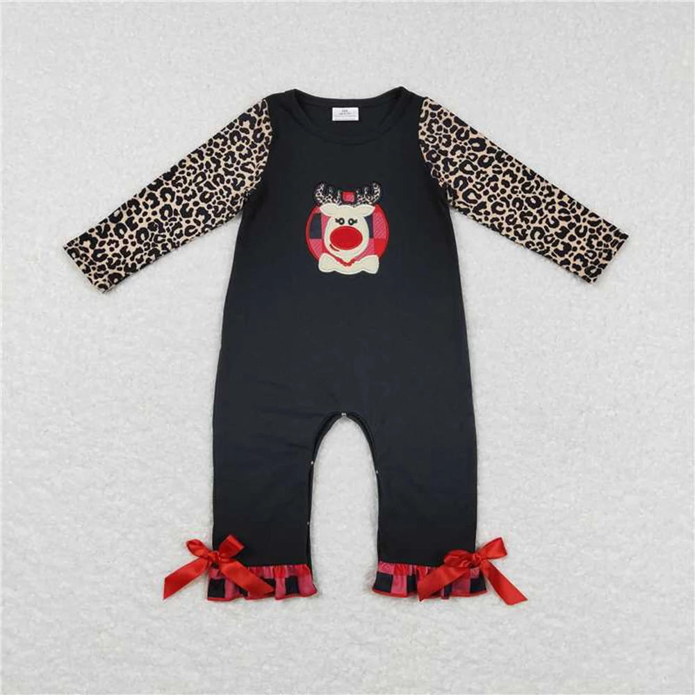 Wholesale hot sale baby kids clothes newborn toddler Christmas embroidery deer red and black checked leopard long-sleeved onesie