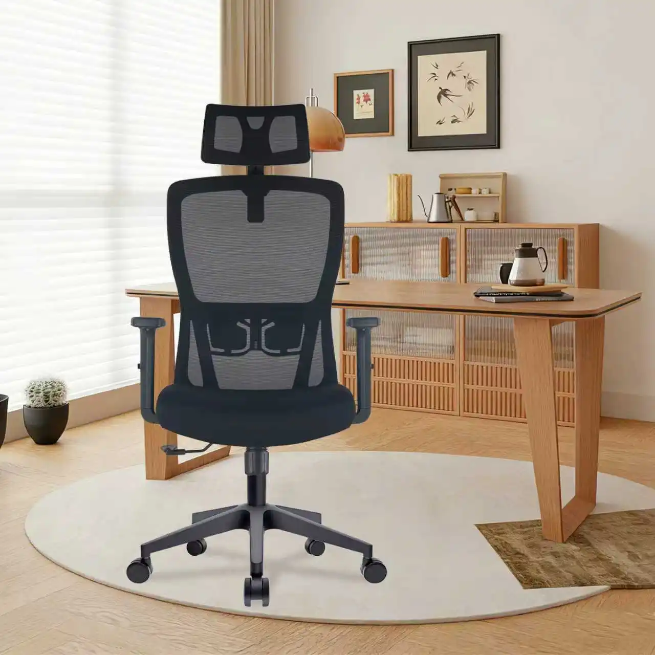 Cadeira de escritório ergonômica Durrafy, cadeira de mesa com apoio de cabeça ajustável, braços e suporte lombar, cadeiras giratórias de malha, preta